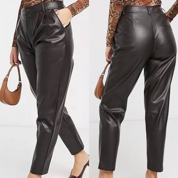 Mango chocolate brown faux leather high waisted tapered pants US Size 2 - Picture 1 of 16